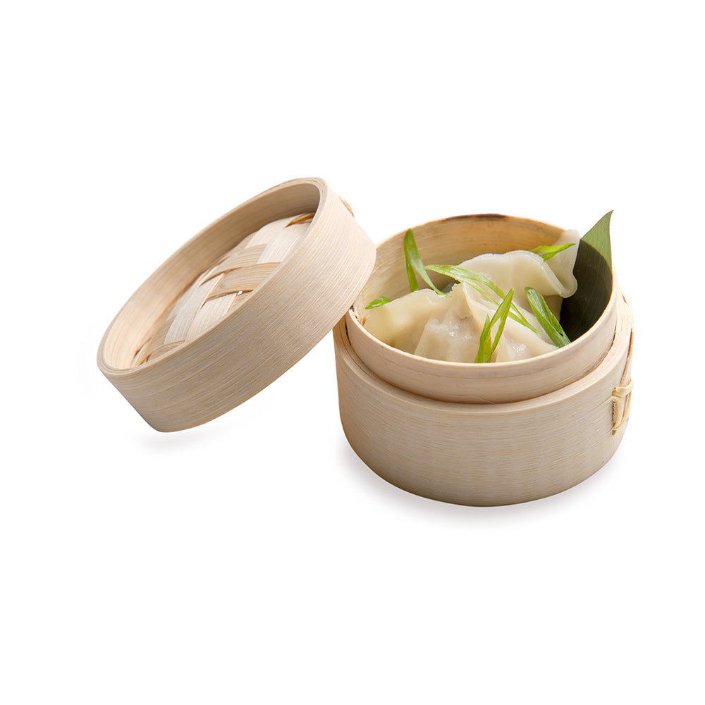restaurantware Bambuddha 2 oz Round Natural Bamboo Mini Steamer - 3 1/4" x 3 1/4" x 2" - 100 count box