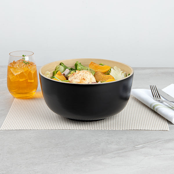 Restaurantware Bambuddha 25 Oz Round Black Spun Bamboo Medium Salad Bowl - 9 1/2" X 9 1/2" X 4 3/4" - 1 Count Box