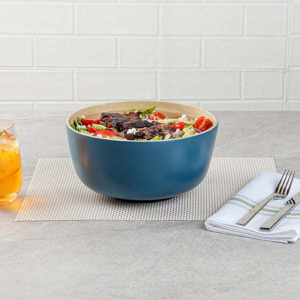 Restaurantware Bambuddha 25 Oz Round Blue Spun Bamboo Medium Salad Bowl - 9 1/2" X 9 1/2" X 4 3/4" - 1 Count Box