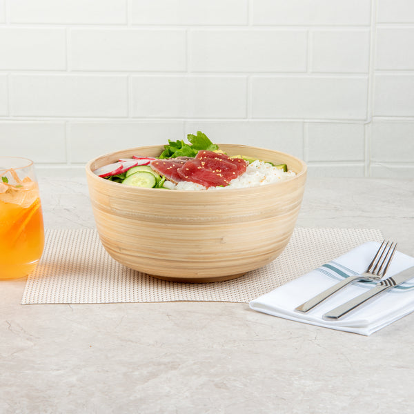 Restaurantware Bambuddha 25 Oz Round Natural Spun Bamboo Medium Salad Bowl - 9 1/2" X 9 1/2" X 4 3/4" - 1 Count Box