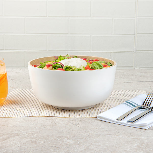 Restaurantware Bambuddha 25 Oz Round White Spun Bamboo Medium Salad Bowl - 9 1/2" X 9 1/2" X 4 3/4" - 1 Count Box