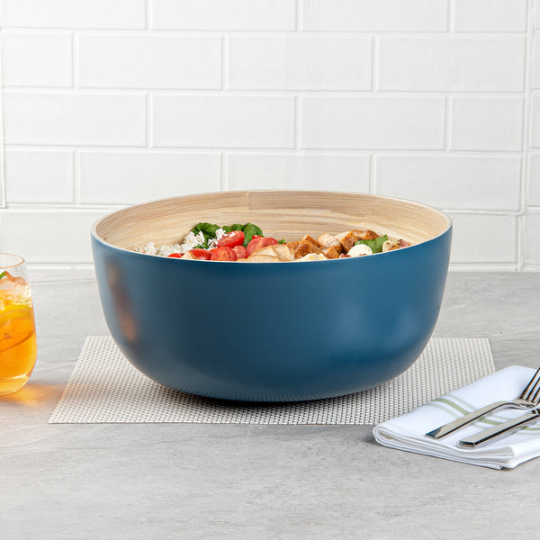 Restaurantware Bambuddha 51 Oz Round Blue Spun Bamboo Extra Large Salad Bowl - 13 1/2" X 13 1/2" X 6 1/4" - 1 Count Box