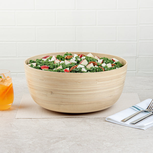Restaurantware Bambuddha 51 Oz Round Natural Spun Bamboo Extra Large Salad Bowl - 13 1/2" X 13 1/2" X 6 1/4" - 1 Count Box