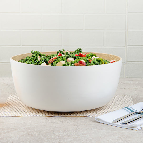 Restaurantware Bambuddha 51 Oz Round White Spun Bamboo Extra Large Salad Bowl - 13 1/2" X 13 1/2" X 6 1/4" - 1 Count Box