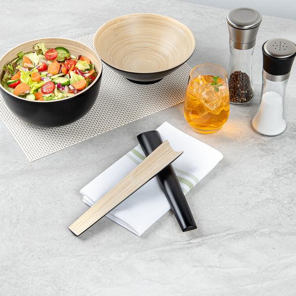 Restaurantware Bambuddha Black Spun Bamboo 2-Piece Salad Server Set - 9 3/4" - 10 Count Box