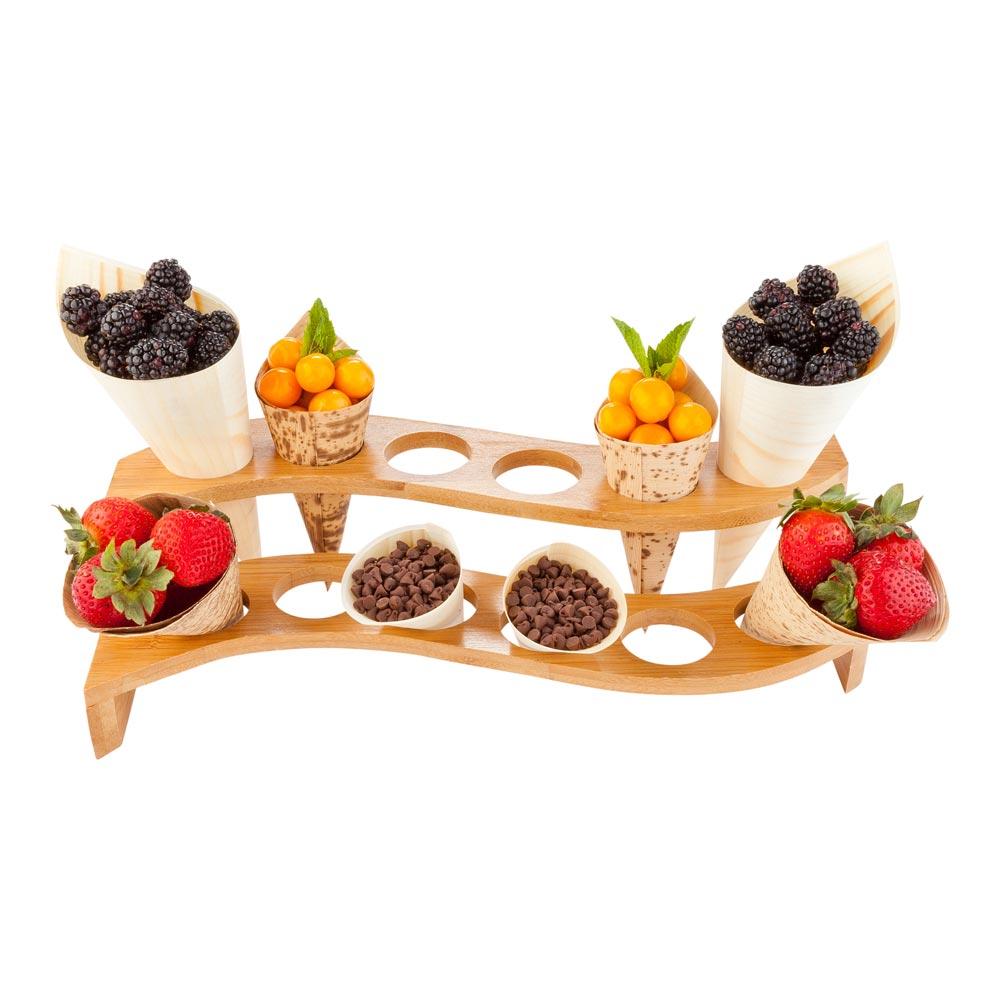 restaurantware Bambuddha Curved Natural Bamboo Cone Stand - 12 slots Multi-Level - 13 1/2" x 6 1/2" x 3 1/2" - 1 count box
