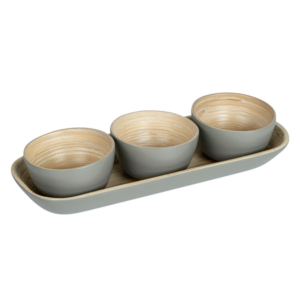Restaurantware Bambuddha Gray Bamboo Bowl Set - 3 Bowls Bamboo Tray - 11 3/4" X 4 1/4" X 1 3/4" - 10 Count Box