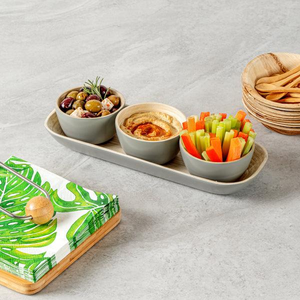 Restaurantware Bambuddha Gray Bamboo Bowl Set - 3 Bowls Bamboo Tray - 11 3/4" X 4 1/4" X 1 3/4" - 10 Count Box
