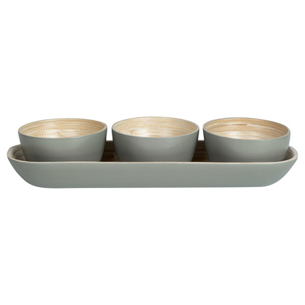 Restaurantware Bambuddha Gray Bamboo Bowl Set - 3 Bowls Bamboo Tray - 11 3/4" X 4 1/4" X 1 3/4" - 10 Count Box