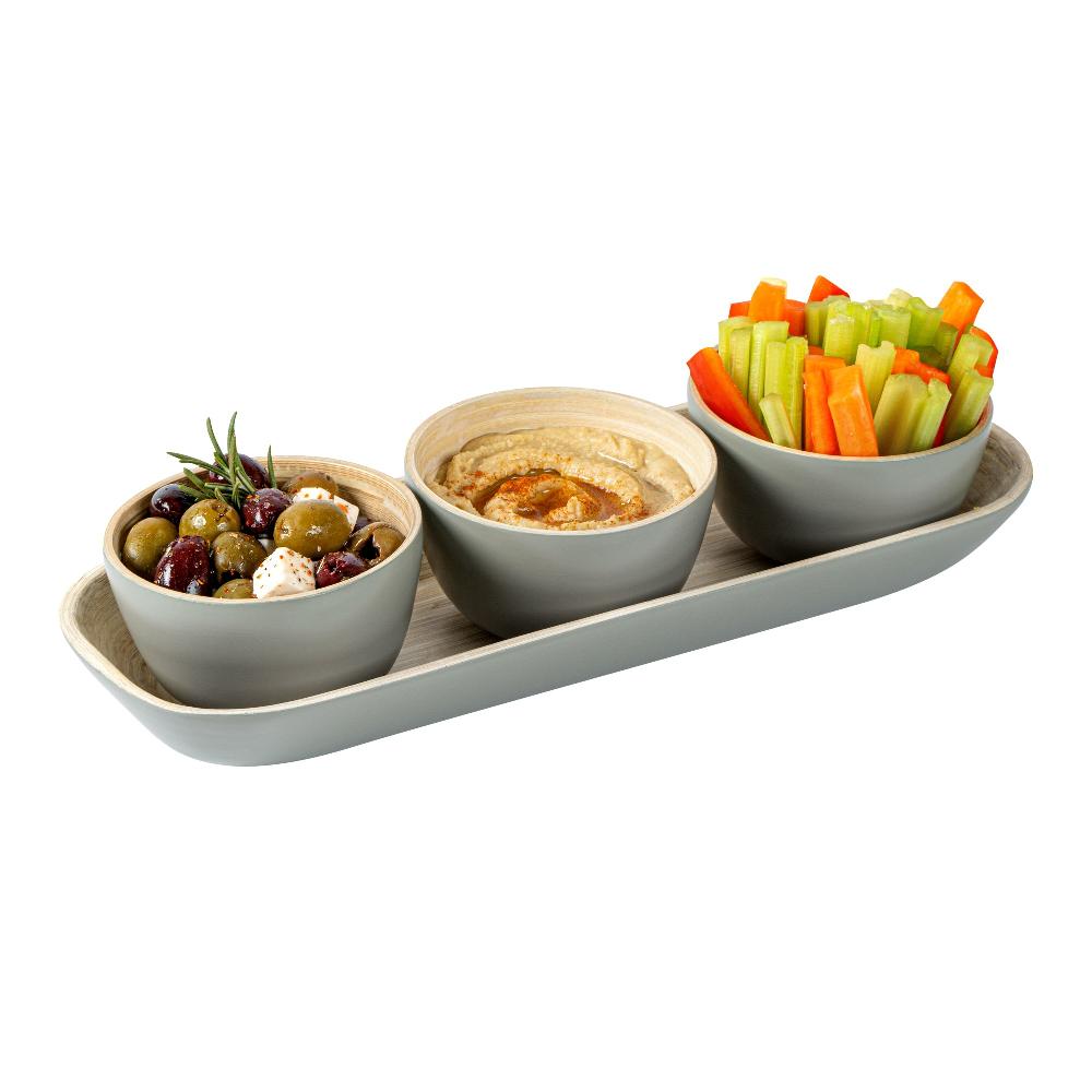 restaurantware Bambuddha Gray Bamboo Bowl Set - 3 Bowls Bamboo Tray - 11 3/4" x 4 1/4" x 1 3/4" - 10 count box