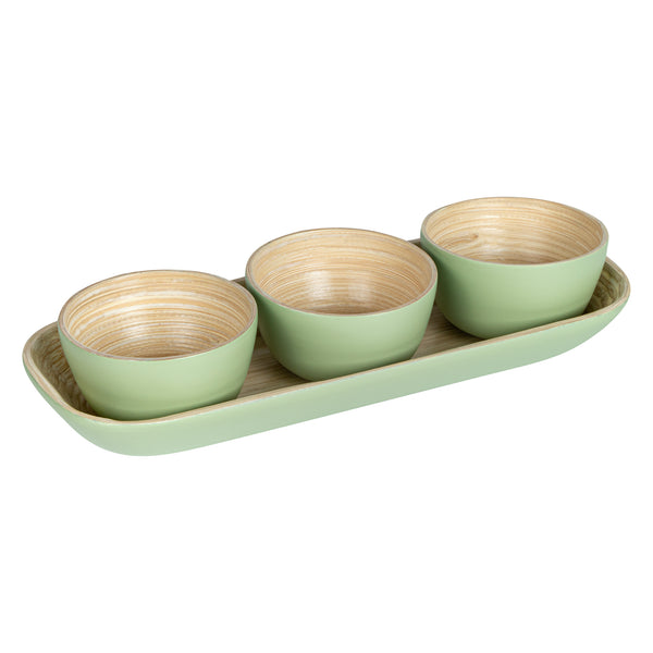 Restaurantware Bambuddha Green Bamboo Bowl Set - 3 Bowls Bamboo Tray - 11 3/4" X 4 1/4" X 1 3/4" - 10 Count Box
