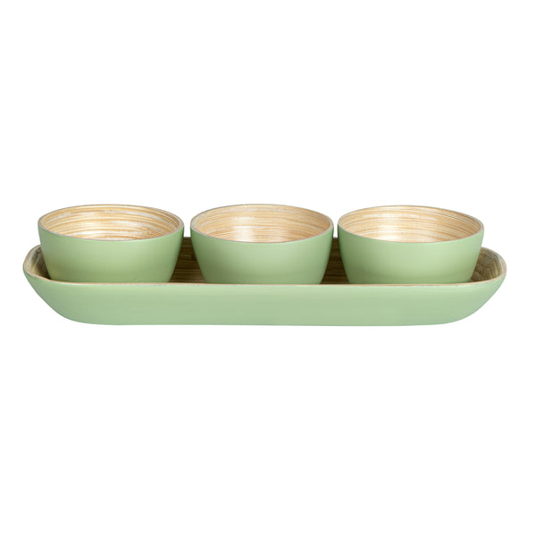 Restaurantware Bambuddha Green Bamboo Bowl Set - 3 Bowls Bamboo Tray - 11 3/4" X 4 1/4" X 1 3/4" - 10 Count Box
