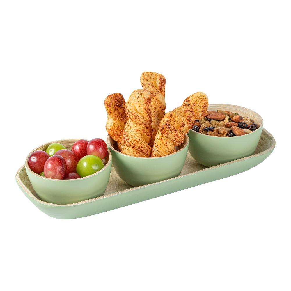 restaurantware Bambuddha Green Bamboo Bowl Set - 3 Bowls Bamboo Tray - 11 3/4" x 4 1/4" x 1 3/4" - 10 count box