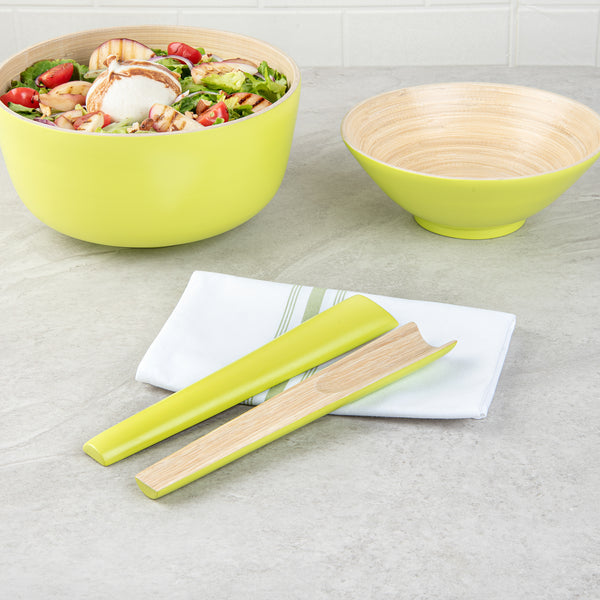 Restaurantware Bambuddha Green Spun Bamboo 2-Piece Salad Server Set - 9 3/4" - 10 Count Box