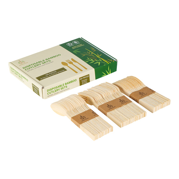 Restaurantware Bambuddha Natural Bamboo Disposable Cutlery Set - 7" - 100 Count Box