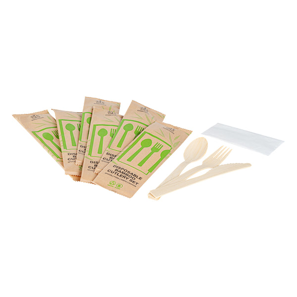 Restaurantware Bambuddha Natural Bamboo Disposable Cutlery Set - With White Napkin And Kraft Paper Pouch - 7" - 500 Count Box