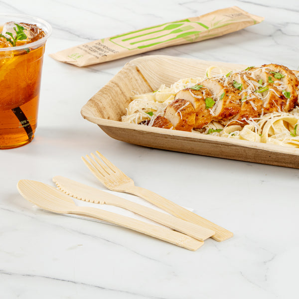 Restaurantware Bambuddha Natural Bamboo Disposable Cutlery Set - With White Napkin And Kraft Paper Pouch - 7" - 500 Count Box