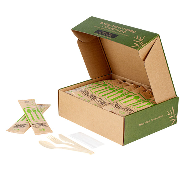 Restaurantware Bambuddha Natural Bamboo Disposable Cutlery Set - With Kraft Paper Pouch - 7" - 50 Count Box