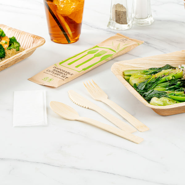 Restaurantware Bambuddha Natural Bamboo Disposable Cutlery Set - With Kraft Paper Pouch - 7" - 50 Count Box