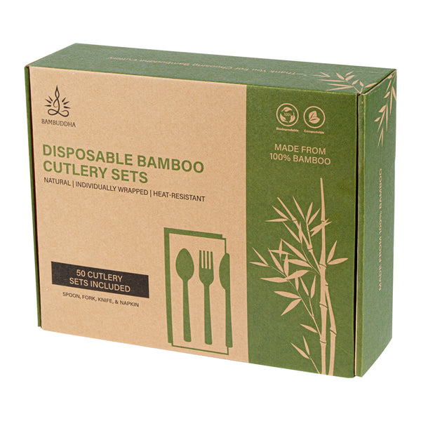 Restaurantware Bambuddha Natural Bamboo Disposable Cutlery Set - With Kraft Paper Pouch - 7" - 50 Count Box