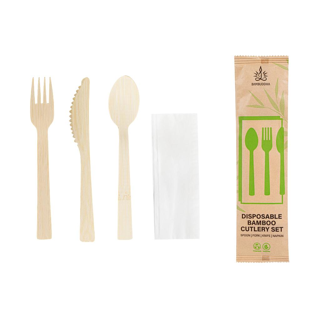 restaurantware Bambuddha Natural Bamboo Disposable Cutlery Set - with Kraft Paper Pouch - 7" - 50 count box