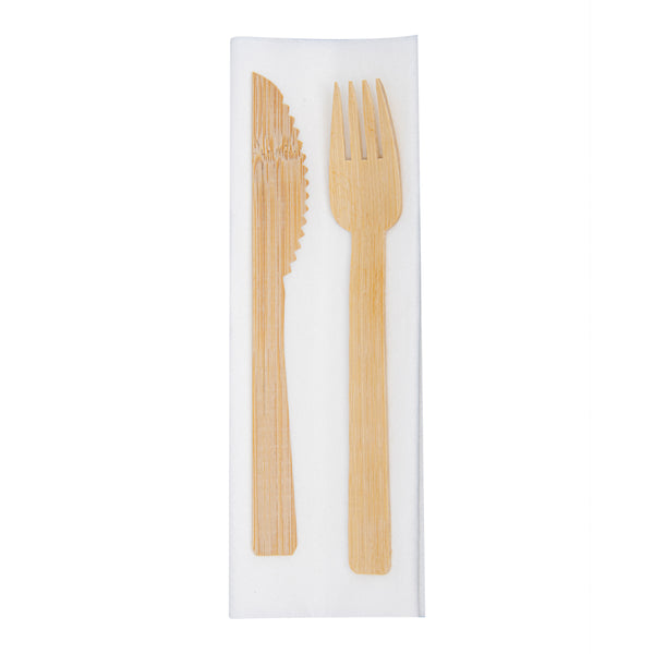 Restaurantware Bambuddha Natural Bamboo Fork / Knife Set - With White Napkin - 6 3/4" X 3 1/4" X 3/4" - 100 Count Box