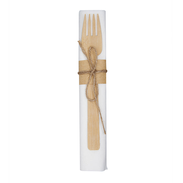 Restaurantware Bambuddha Natural Bamboo Fork / Knife Set - With White Napkin - 6 3/4" X 3 1/4" X 3/4" - 100 Count Box