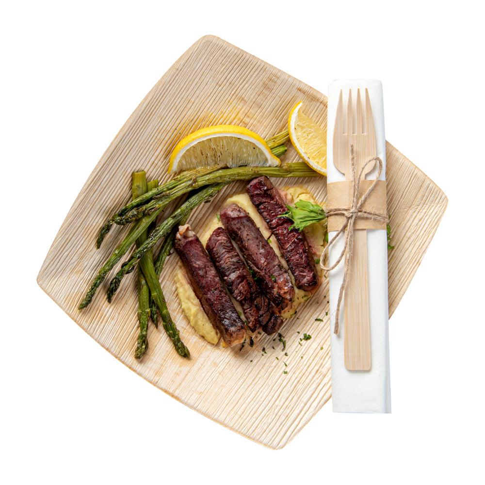 restaurantware Bambuddha Natural Bamboo Fork / Knife Set - with White Napkin - 6 3/4" x 3 1/4" x 3/4" - 100 count box