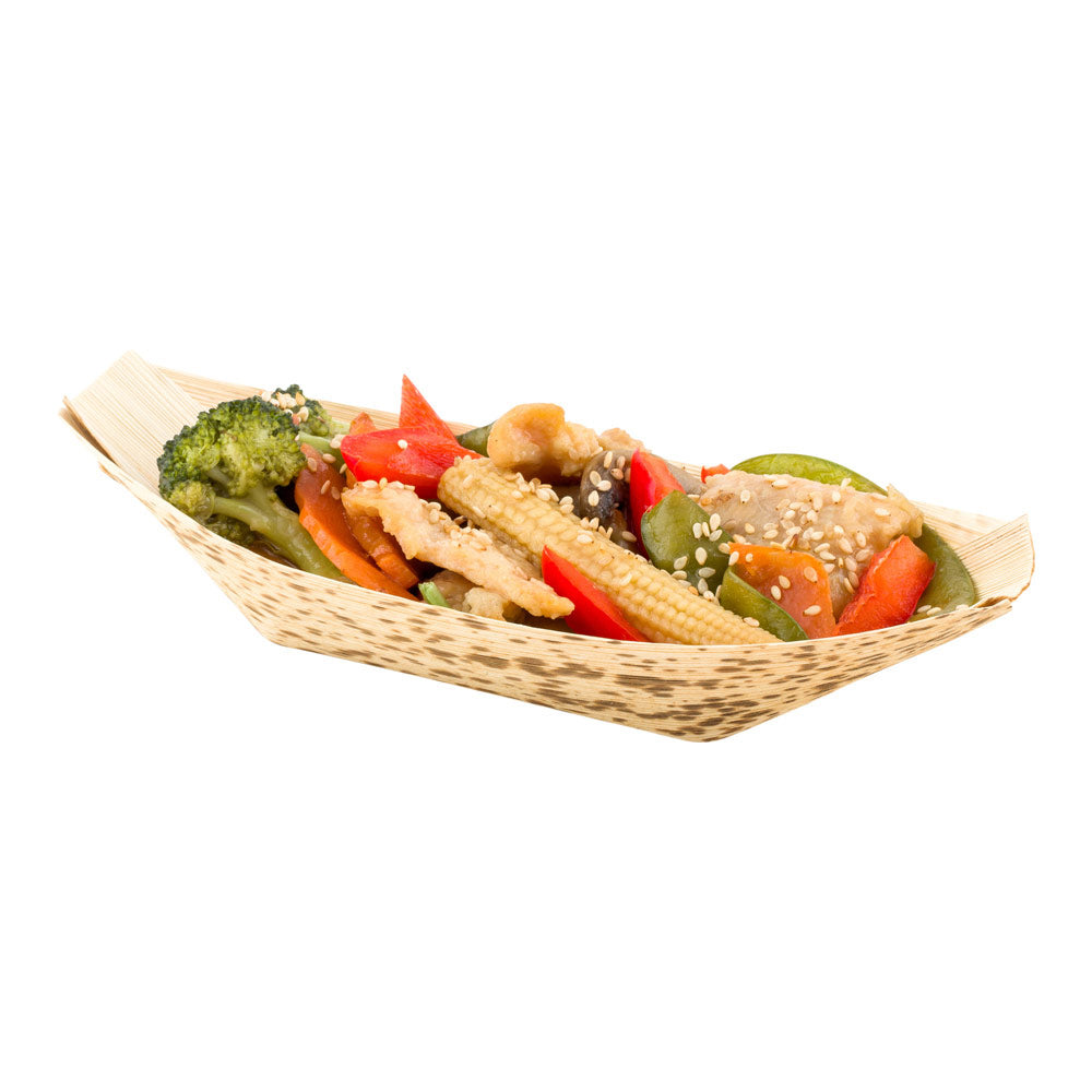 restaurantware Bambuddha Natural Bamboo Medium Food Tray / Boat - 7 1/4" x 3 1/2" x 1 3/4" - 200 count box