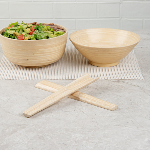 Restaurantware Bambuddha Natural Spun Bamboo 2-Piece Salad Server Set - 9 3/4" - 10 Count Box