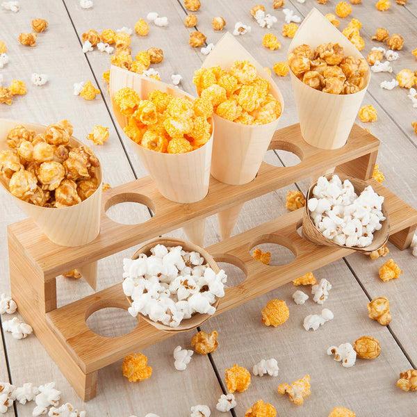 Restaurantware Bambuddha Rectangle Natural Bamboo Cone Stand - 12 Slots Multi-Level - 13 1/2" X 5" X 3 1/2" - 1 Count Box
