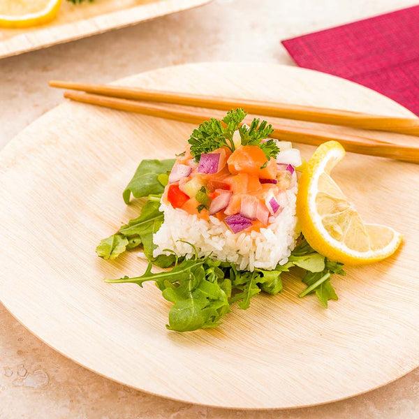 Restaurantware Bambuddha Round Natural Bamboo Large Veneer Plate - 9" X 9" X 1/2" - 100 Count Box