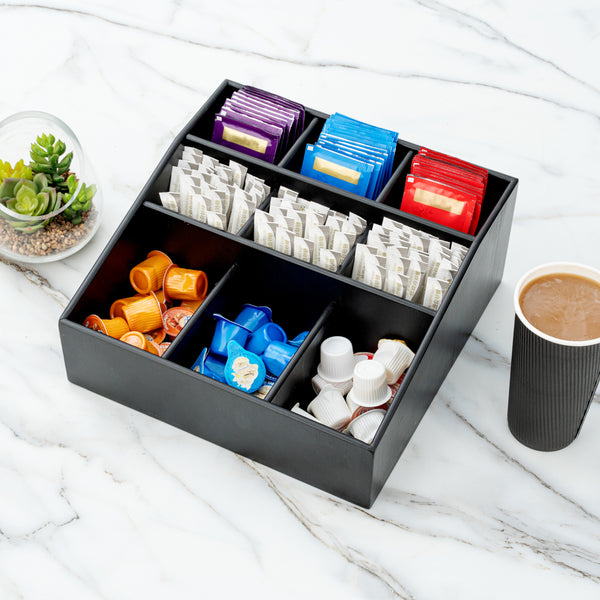 Restaurantware Bambuddha Square Black Bamboo Condiment Organizer - 9 Compartments - 11 3/4" X 11 3/4" X 5 1/2" - 1 Count Box