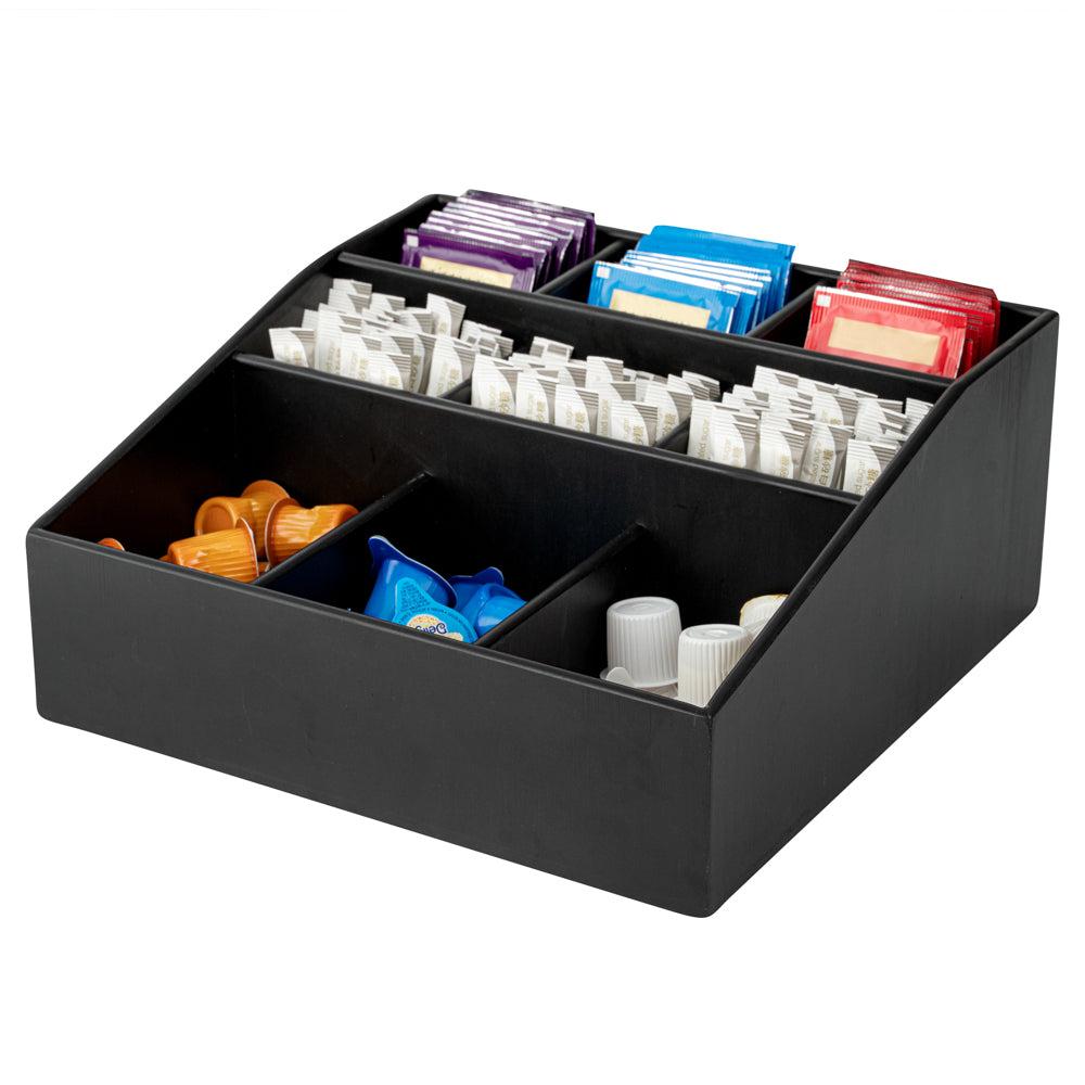 restaurantware Bambuddha Square Black Bamboo Condiment Organizer - 9 Compartments - 11 3/4" x 11 3/4" x 5 1/2" - 1 count box