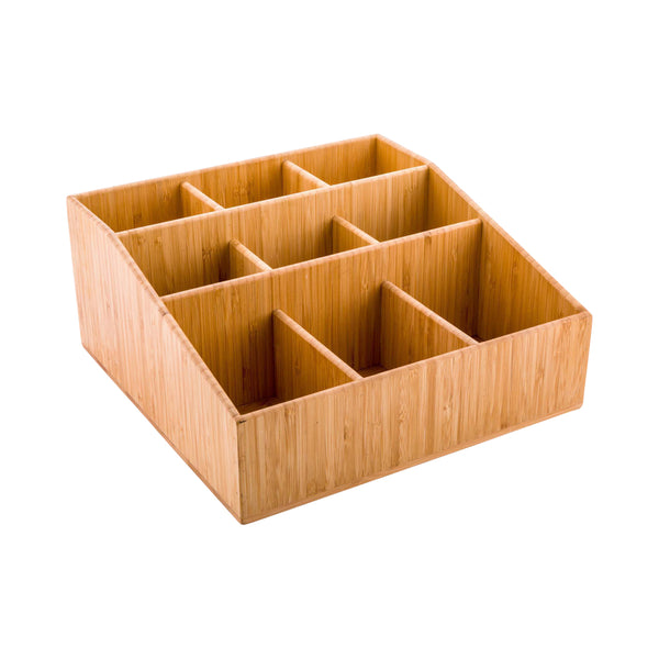 Restaurantware Bambuddha Square Natural Bamboo Condiment Organizer - 9 Compartments - 11 3/4" X 11 3/4" X 5 1/2" - 1 Count Box