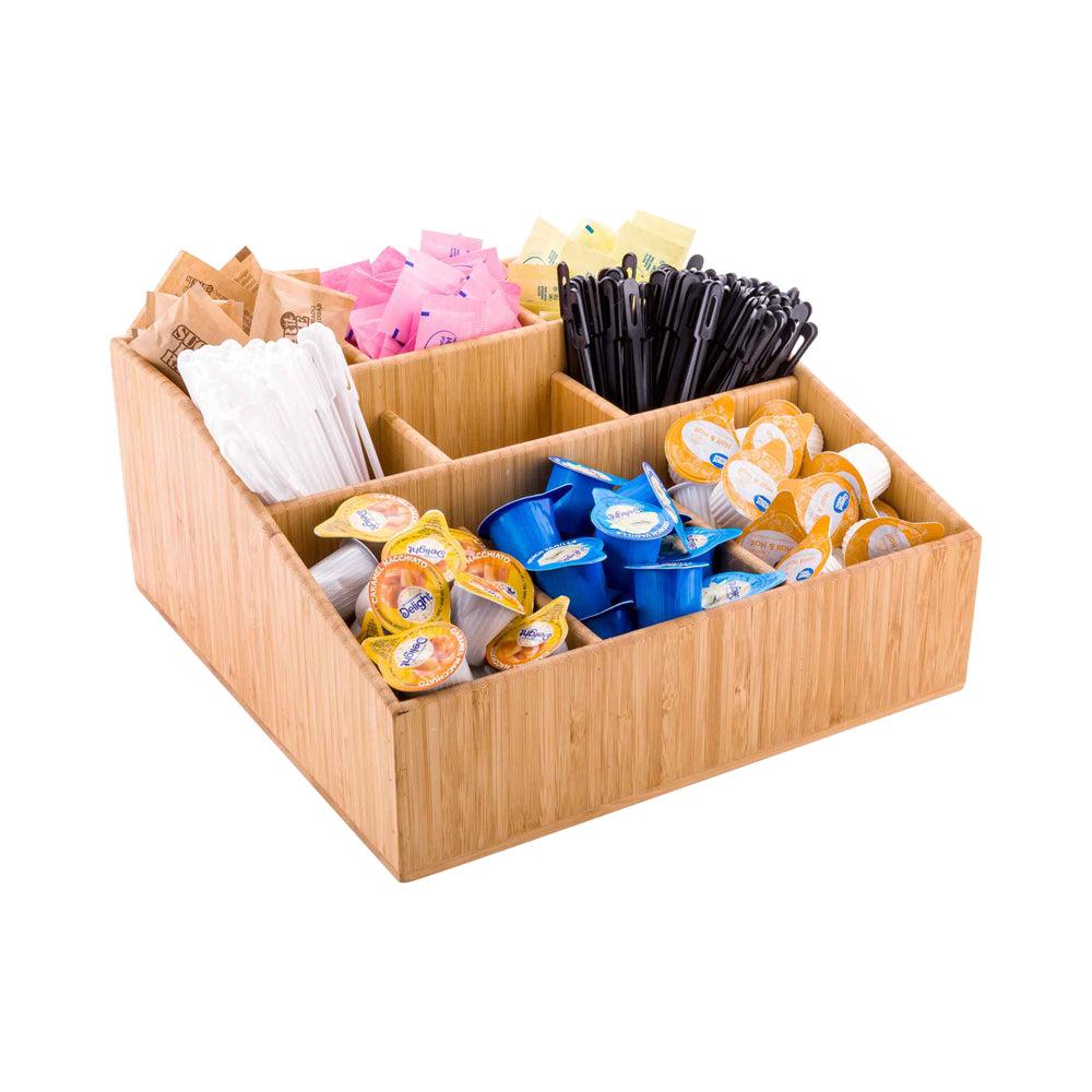 restaurantware Bambuddha Square Natural Bamboo Condiment Organizer - 9 Compartments - 11 3/4" x 11 3/4" x 5 1/2" - 1 count box