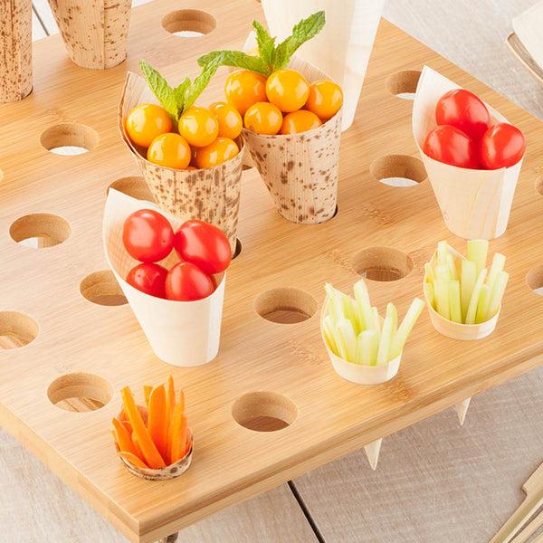 Restaurantware Bambuddha Square Natural Bamboo Cone Stand - 36 Slots - 13 1/2" X 13 1/2" X 3 3/4" - 1 Count Box