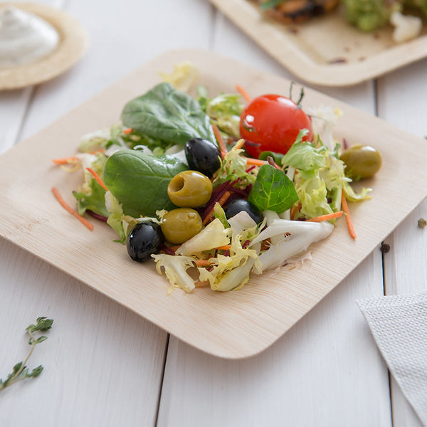 Restaurantware Bambuddha Square Natural Bamboo Medium Veneer Plate - 7" X 7" X 1/2" - 100 Count Box