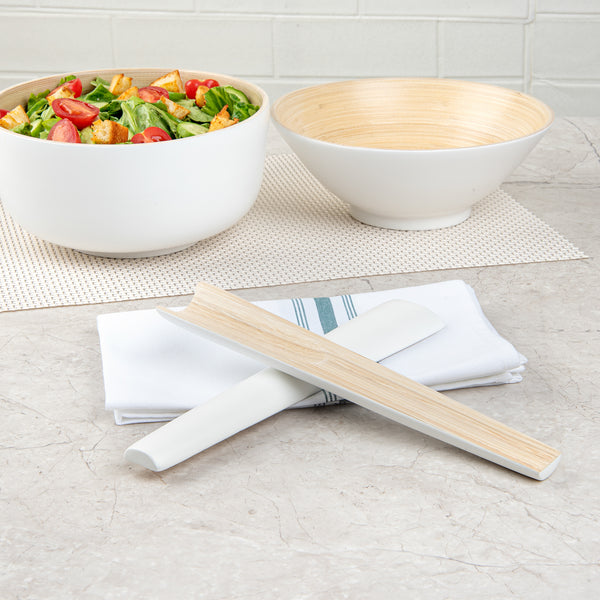 Restaurantware Bambuddha White Spun Bamboo 2-Piece Salad Server Set - 9 3/4" - 10 Count Box
