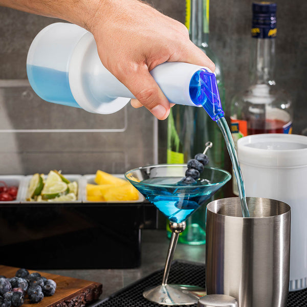 Restaurantware Bar Lux 0.5 Qt Plastic Quick Pour Storage Container Bottle - With Blue Spout And Lid - 3 1/2" X 3 1/2" X 10 1/4" - 1 Count Box