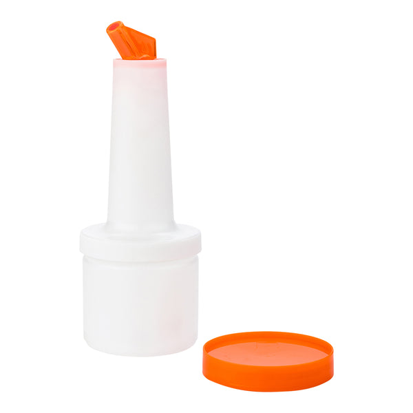 Restaurantware Bar Lux 0.5 Qt Plastic Quick Pour Storage Container Bottle - With Orange Spout And Lid - 3 1/2" X 3 1/2" X 10 1/4" - 1 Count Box