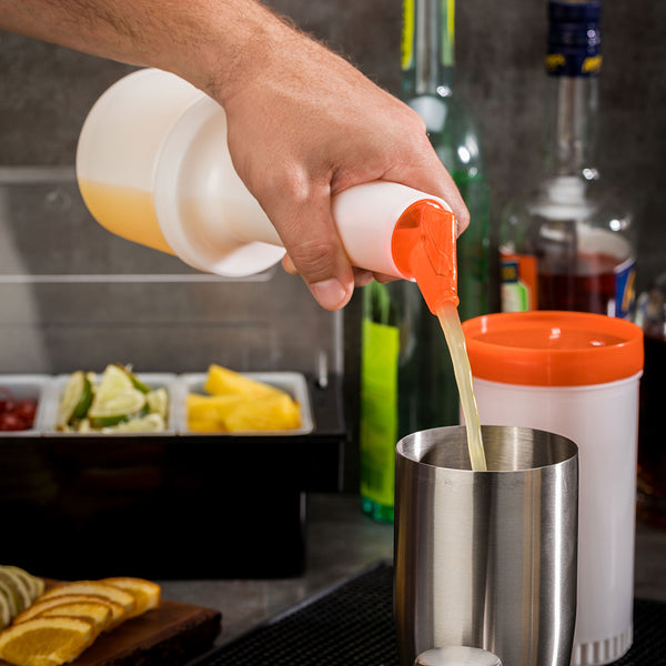 Restaurantware Bar Lux 0.5 Qt Plastic Quick Pour Storage Container Bottle - With Orange Spout And Lid - 3 1/2" X 3 1/2" X 10 1/4" - 1 Count Box
