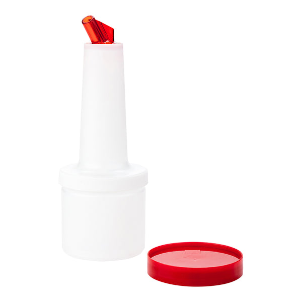 Restaurantware Bar Lux 0.5 Qt Plastic Quick Pour Storage Container Bottle - With Red Spout And Lid - 3 1/2" X 3 1/2" X 10 1/4" - 1 Count Box