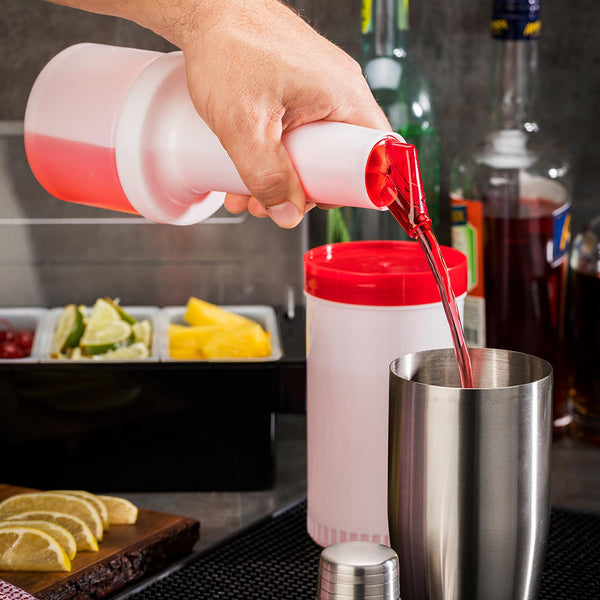 Restaurantware Bar Lux 0.5 Qt Plastic Quick Pour Storage Container Bottle - With Red Spout And Lid - 3 1/2" X 3 1/2" X 10 1/4" - 1 Count Box