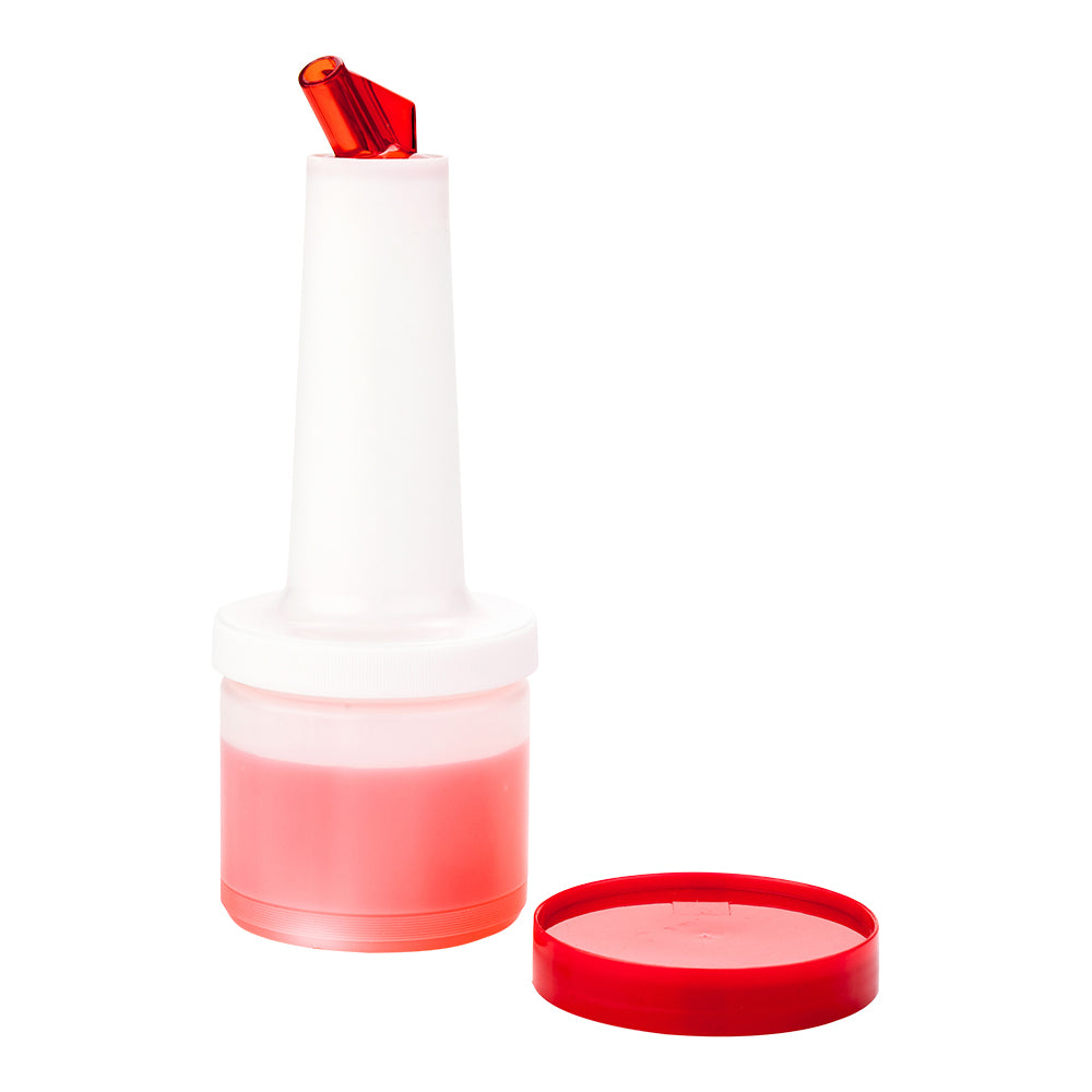 restaurantware Bar Lux 0.5 qt Plastic Quick Pour Storage Container Bottle - with Red Spout and Lid - 3 1/2" x 3 1/2" x 10 1/4" - 1 count box