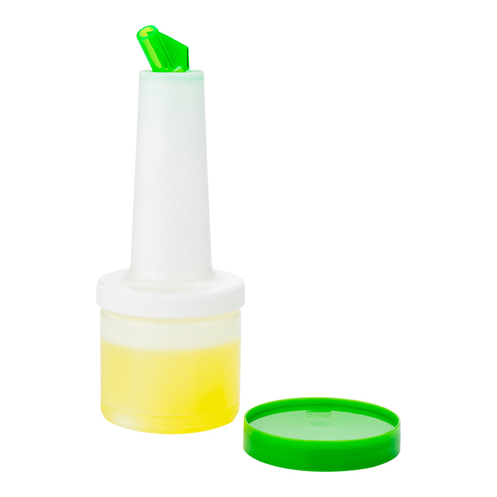 restaurantware Bar Lux 0.5 qt Plastic Quick Pour Storage Container Bottle - with Green Spout and Lid - 3 1/2" x 3 1/2" x 10 1/4" - 1 count box