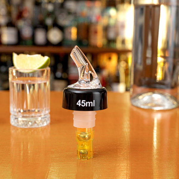 Restaurantware Bar Lux 1.5 Oz Yellow Plastic Measured Liquor Pourer - With Collar Clear Spout - 50 Count Box