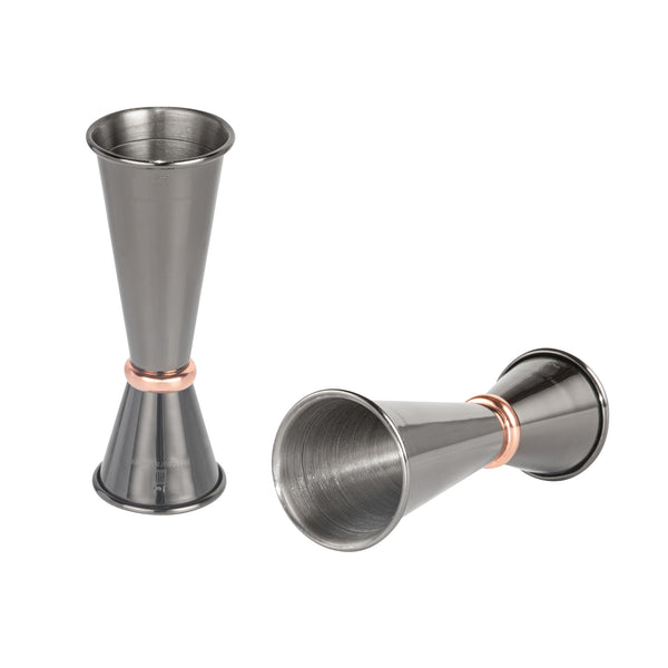 Restaurantware Bar Lux 1 Oz / 2 Oz Black-Plated Stainless Steel Jigger - Japanese Style Copper-Plated Ring - 1 Count Box