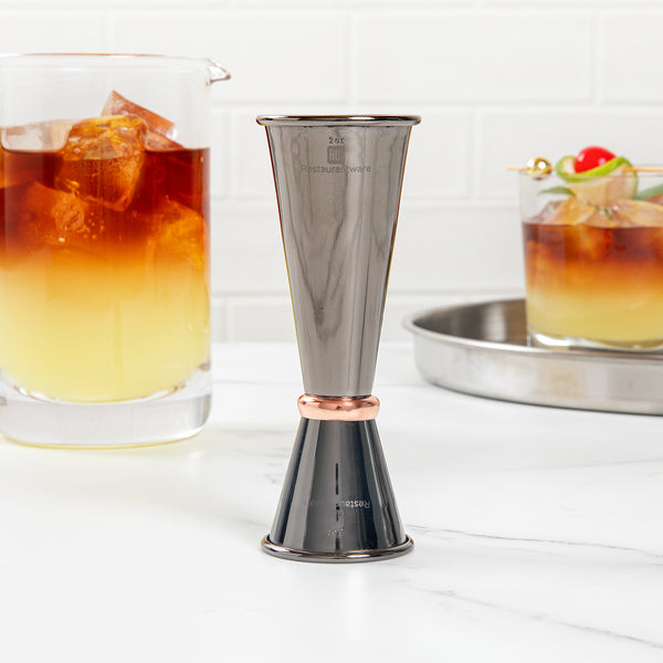 Restaurantware Bar Lux 1 Oz / 2 Oz Black-Plated Stainless Steel Jigger - Japanese Style Copper-Plated Ring - 1 Count Box