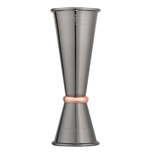 Restaurantware Bar Lux 1 Oz / 2 Oz Black-Plated Stainless Steel Jigger - Japanese Style Copper-Plated Ring - 1 Count Box